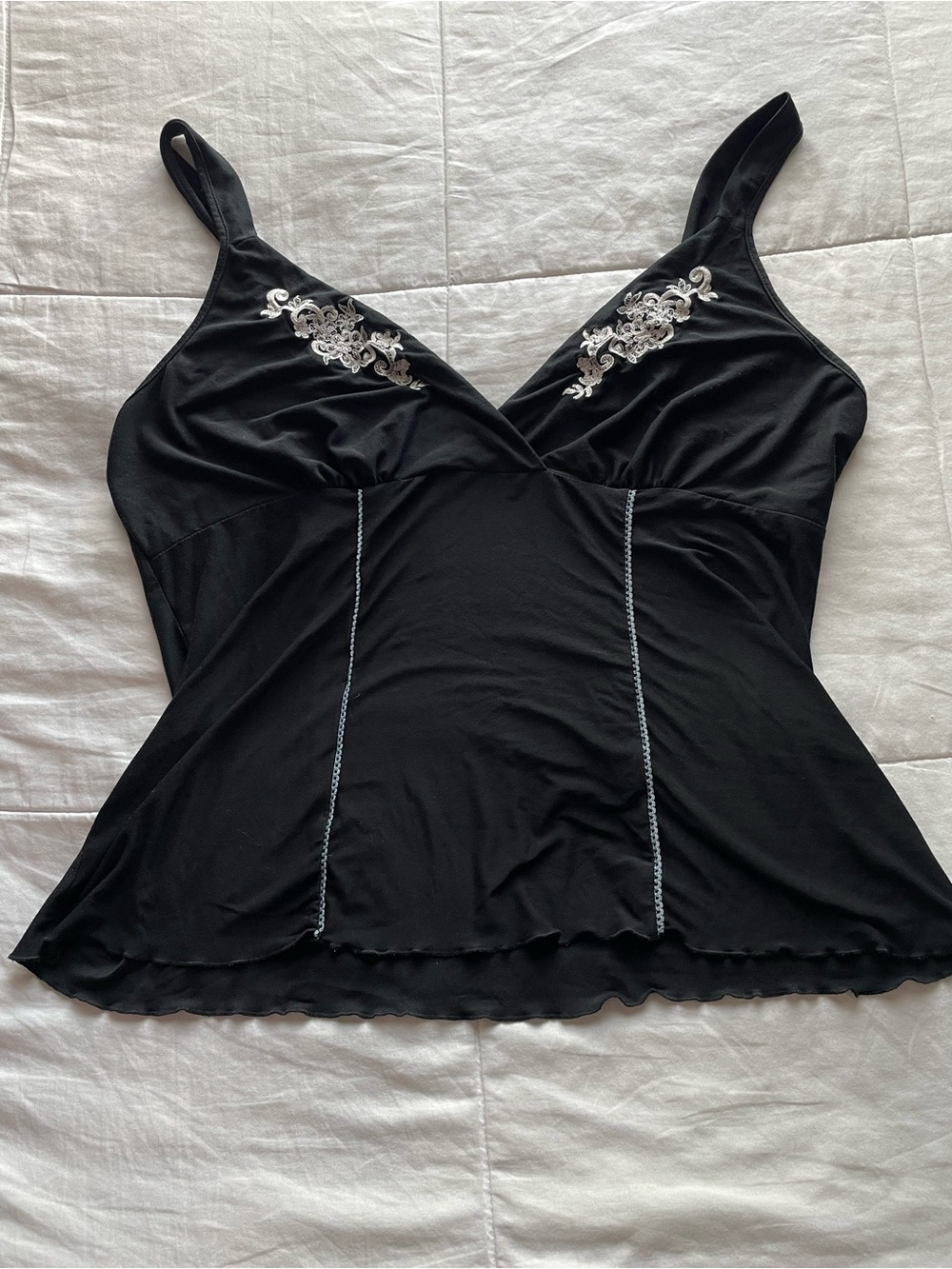 Y2K Black Floral Embroidered Babydoll Lettuce Trim Cami XL Whimsigoth Vamp